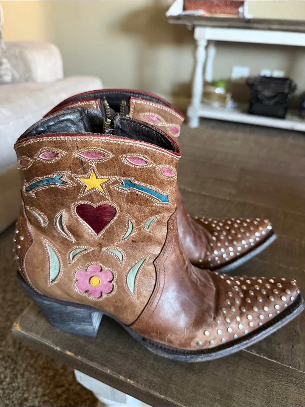 Old Gringo Brown Leather Western Ankle Boots with Colorful Inlay - Picture 12 of 13